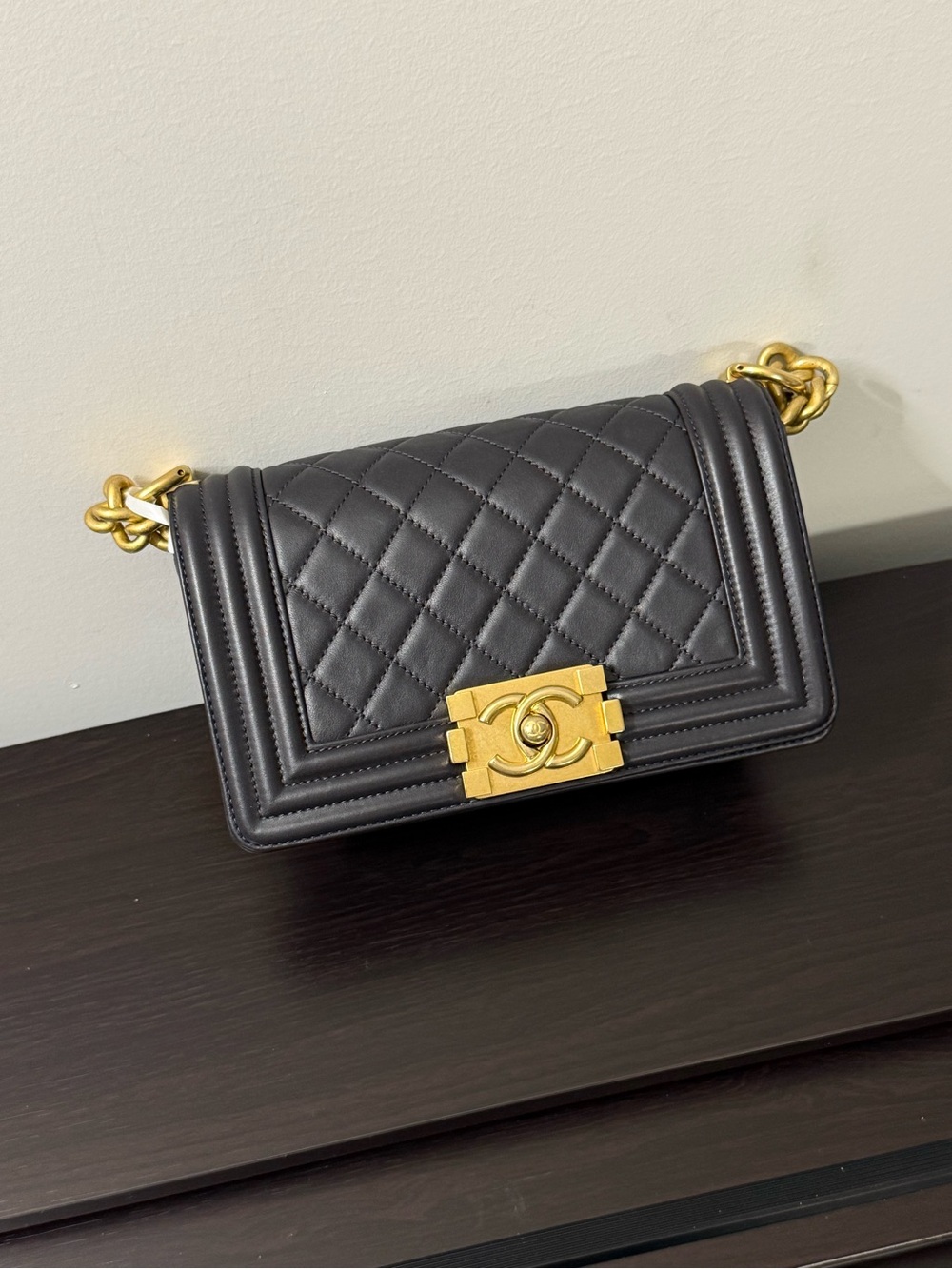 CHANEL Dark Grey Lambskin Boy Bag Small GHW